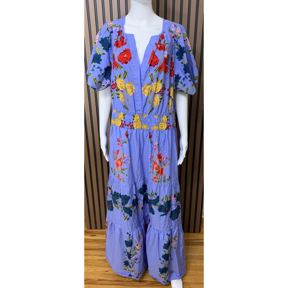 Anthropologie Floral Cotton Poplin Maxi Dress Blue V-Neck Smocked Waist 2X Boho